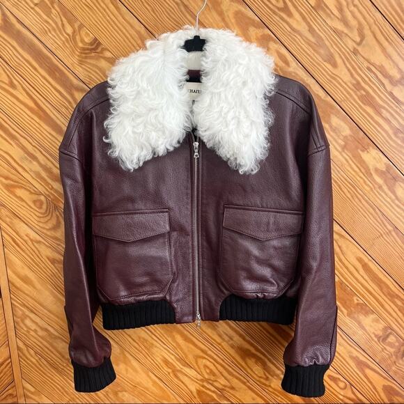 KHAITE Larissa Shearling-Collar Leather Bomber Jacket Bordeaux Wine - Picture 11 of 12